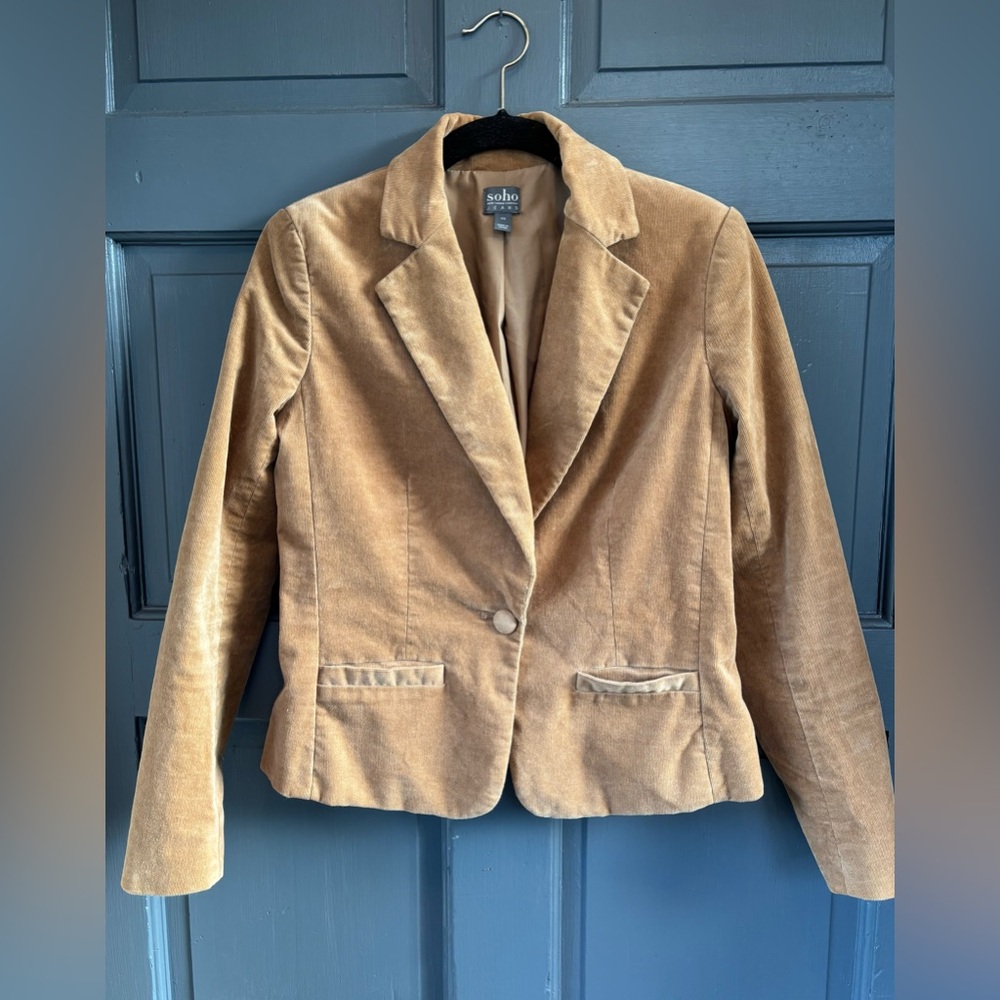Soho Tan Camel Velvet Peacoat Style Button Up Blazer for Women Size XS